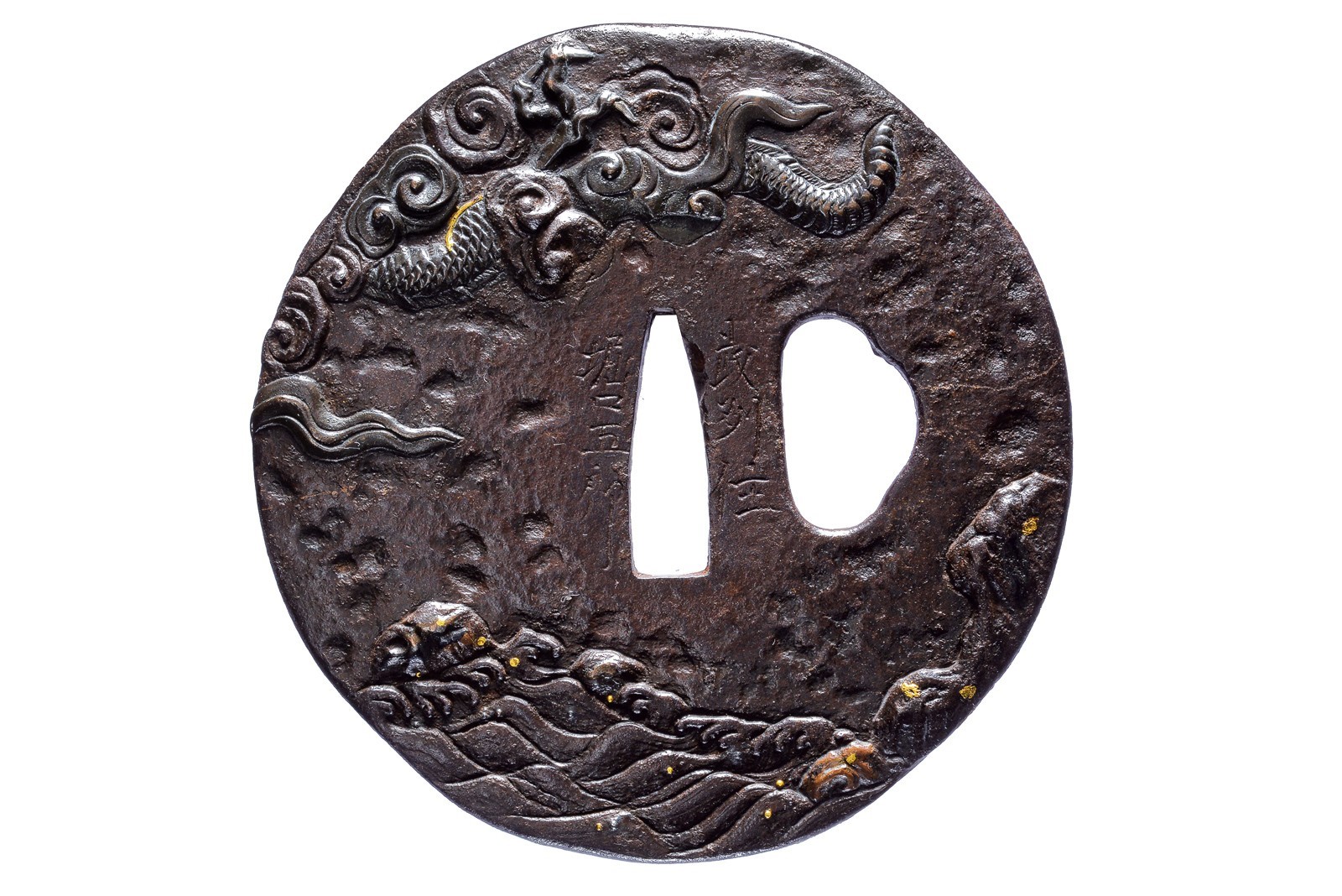 Horiguchi Gorō, Tsuba con figura di drago e saggio, ferro, Periodo Edo