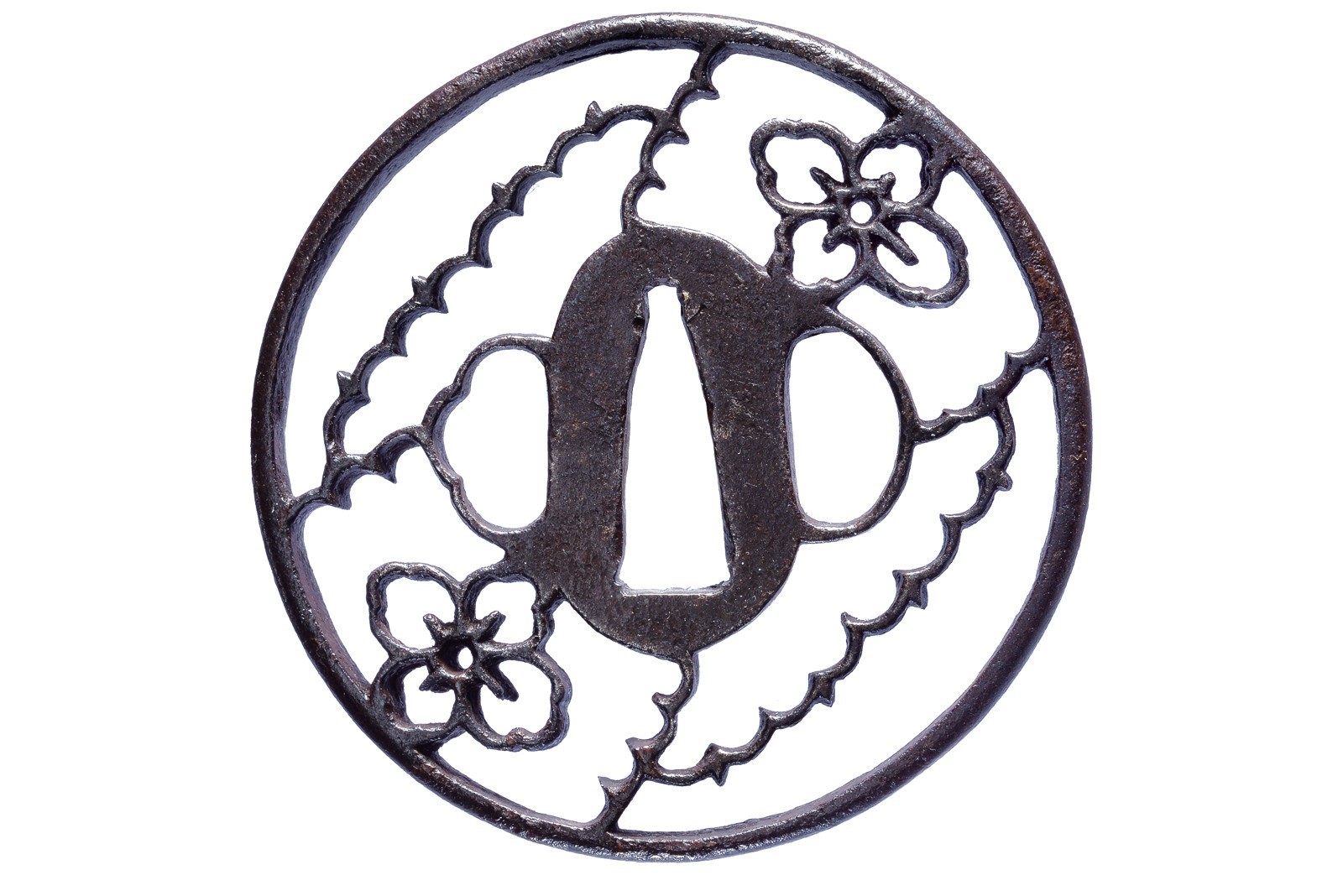 Akasaka, Tsuba in ferro con karabana-mon e oche in volo, Periodo Edo