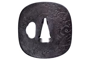 Tsuba firmata e datata Gusoku tetsu Nanzen nin Enkyō gannen roku gatsu (1744)