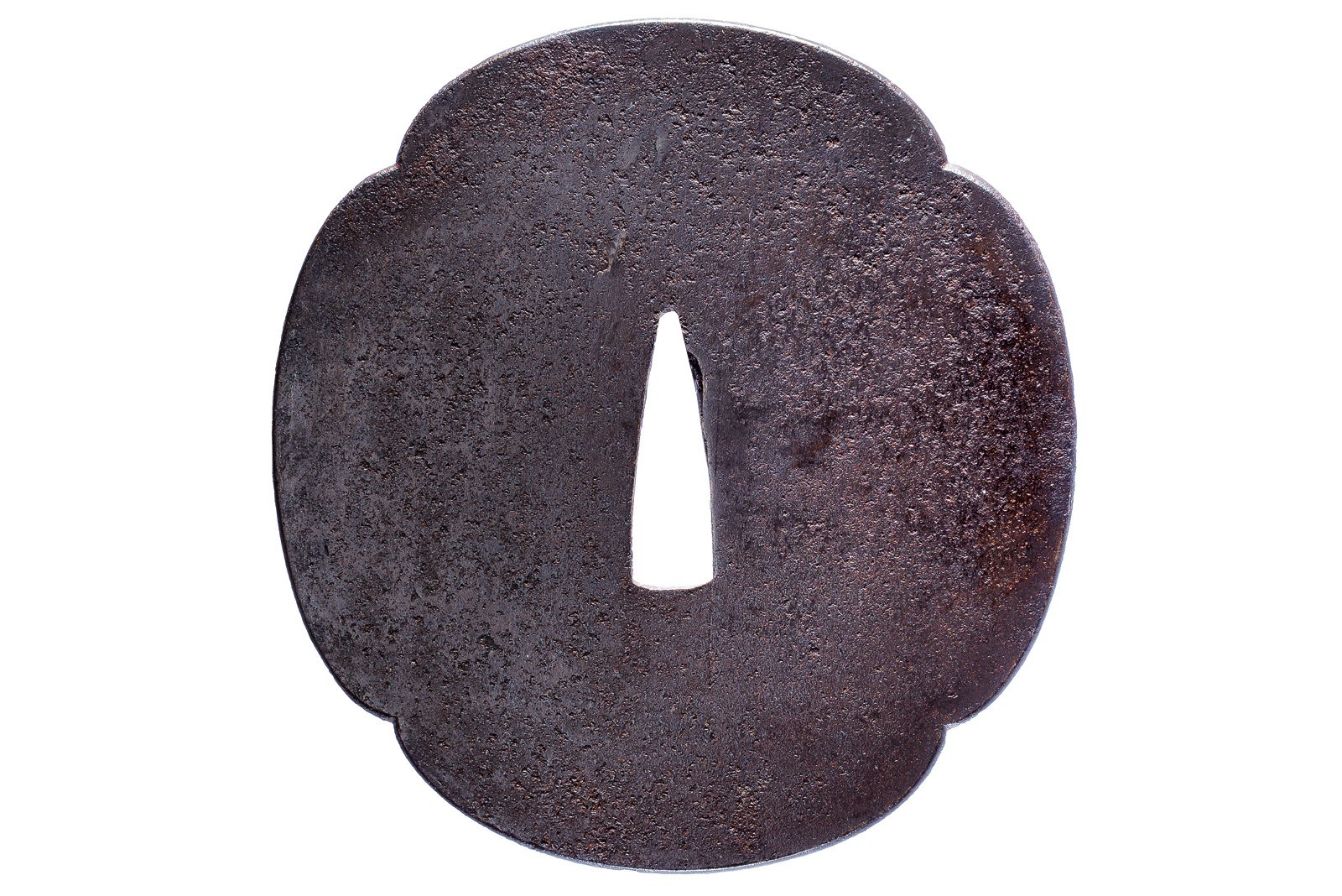 Fujiwara Tomonaga, Tsuba firmata in ferro, mokko-gata, Periodo Edo