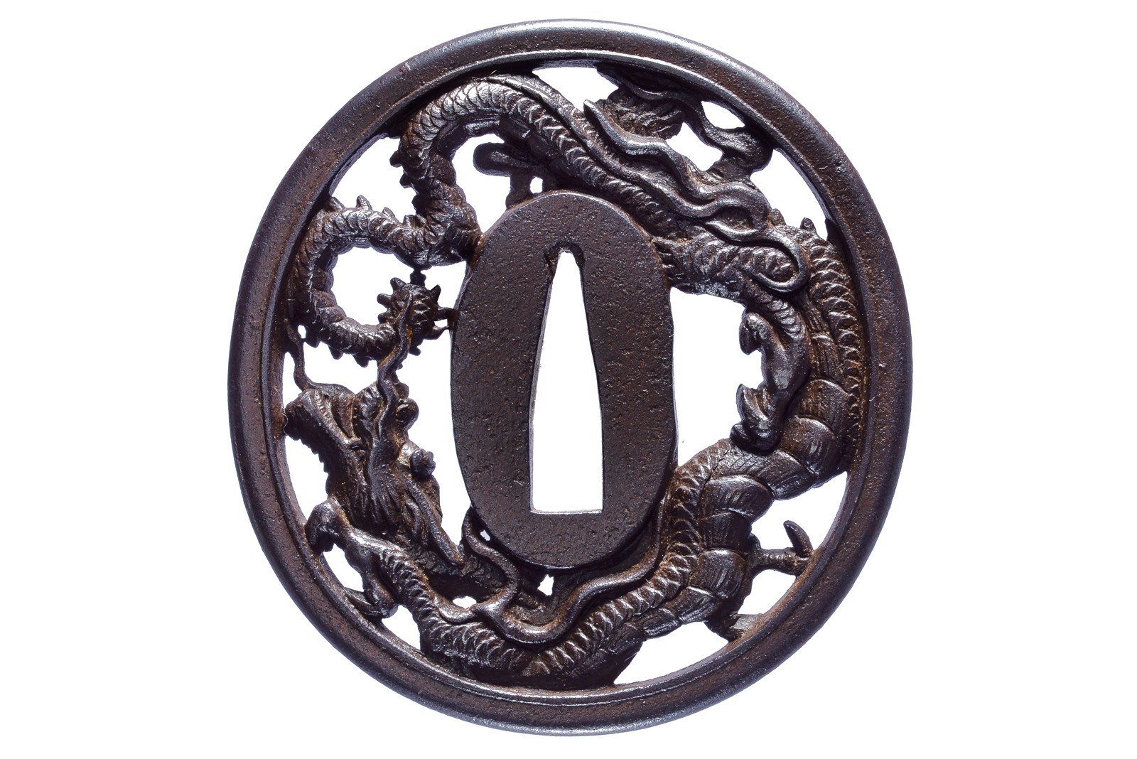 Ichiryū Tomoyoshi, Tsuba firmata con drago a tutto tondo, ferro