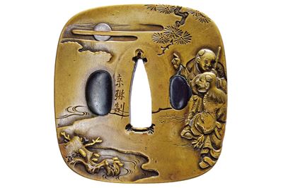 Tsuba firmata Torin sei, Giappone, Periodo Edo, ottone, 6.9 x 7.2 x 0.5 - 0.7 cm