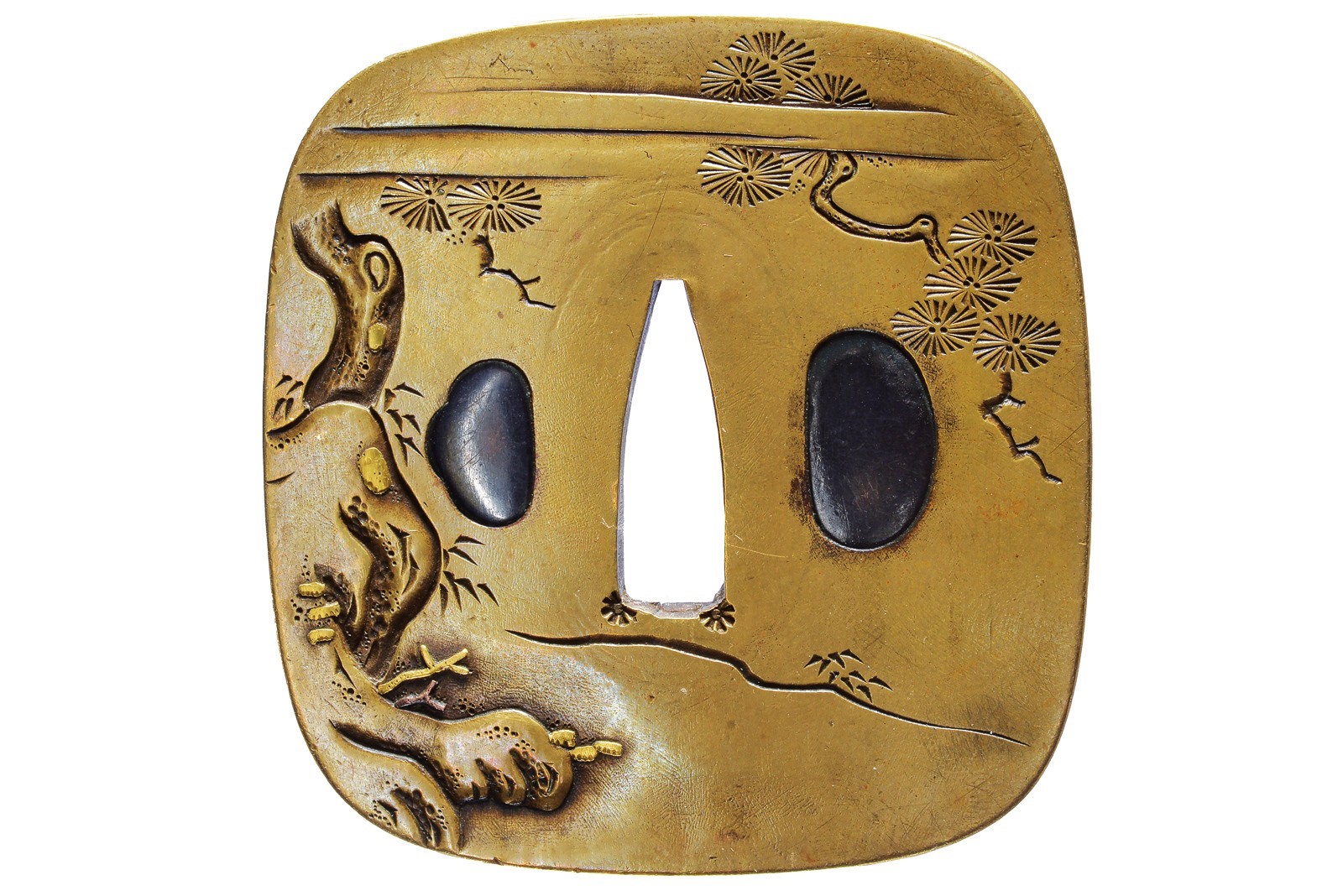 Tsuba firmata Torin sei, Giappone, Periodo Edo, ottone, 6.9 x 7.2 x 0.5 - 0.7 cm