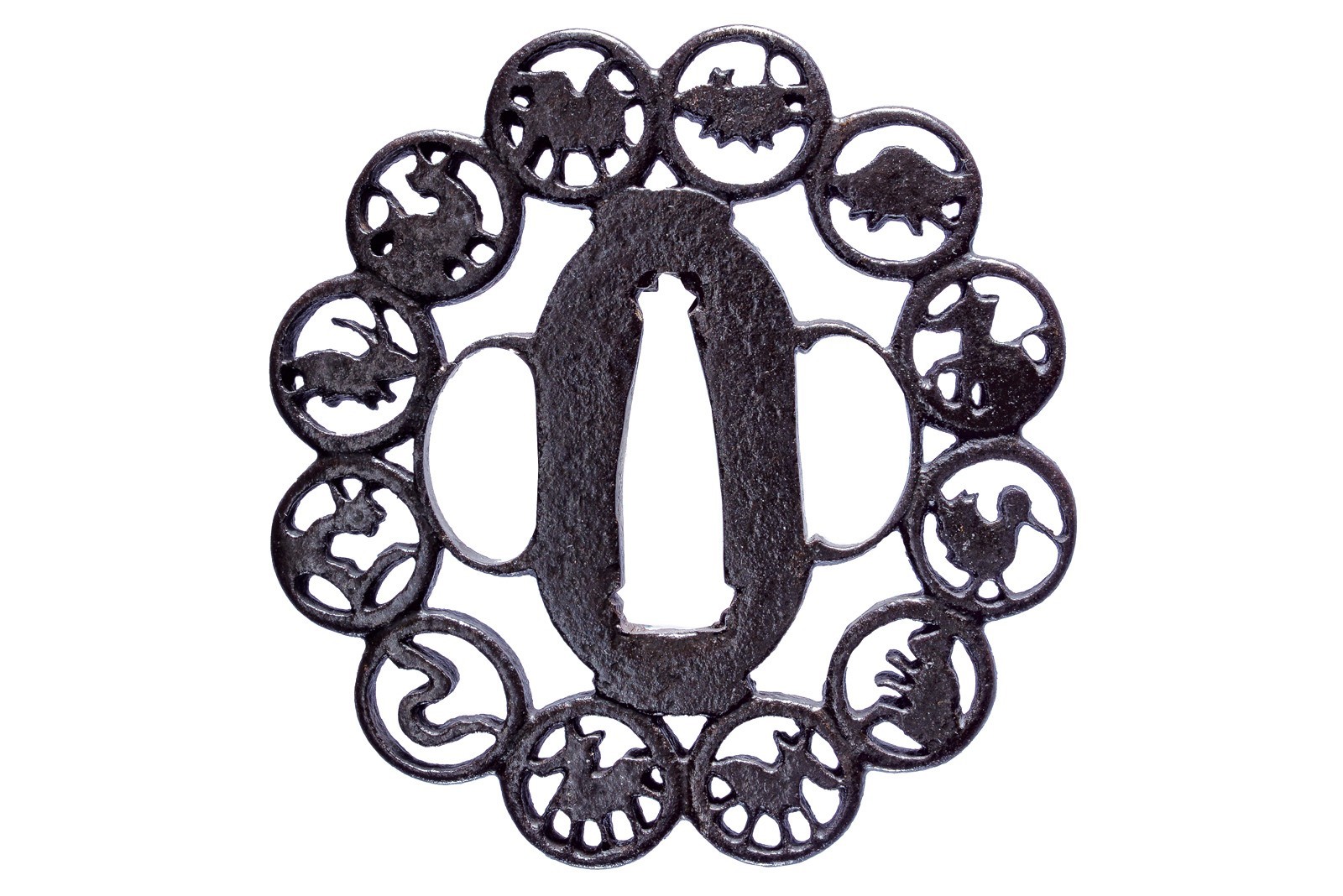 Tsuba, ferro ko-sukashi con effige dello zodiaco giapponese