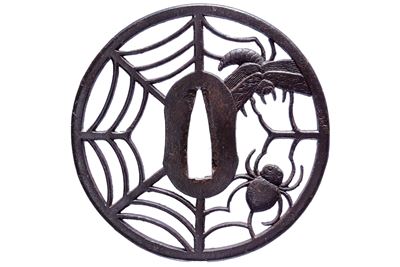 Echizen jū Kinai, Tsuba firmata con raffigurazione di ragnatela