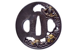 Tsuba firmata Naosada, con kaō