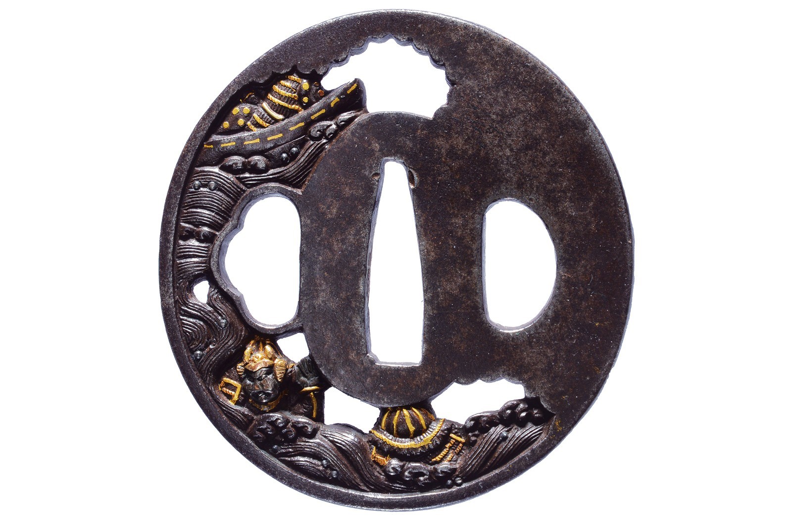 Tsuba firmata Naosada, con kaō