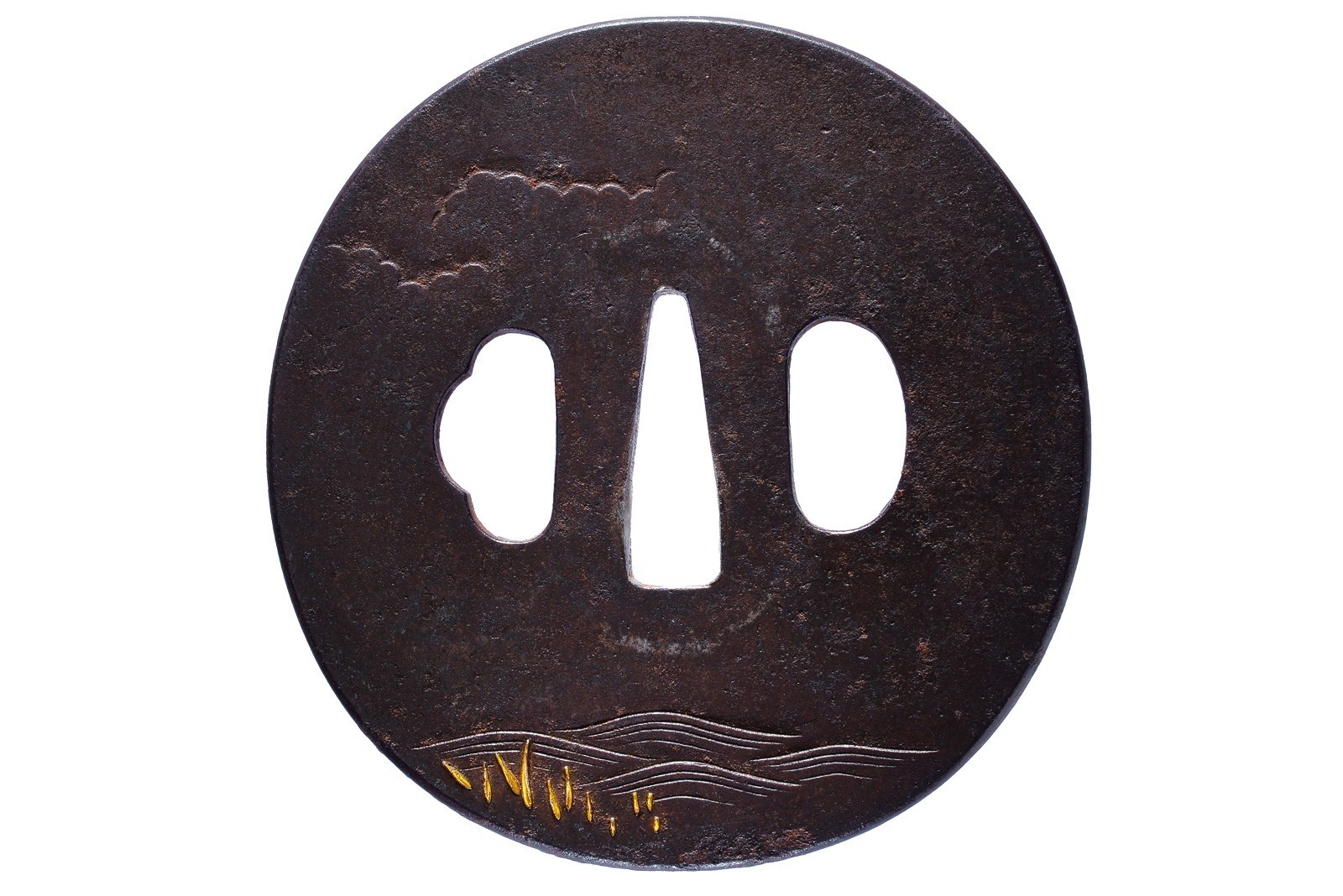 Tsuba firmata Kato Shigemitsu, con kao