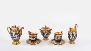 Servizio tete a tete da caff&egrave; in porcellana argentata e dorata, secolo XIX