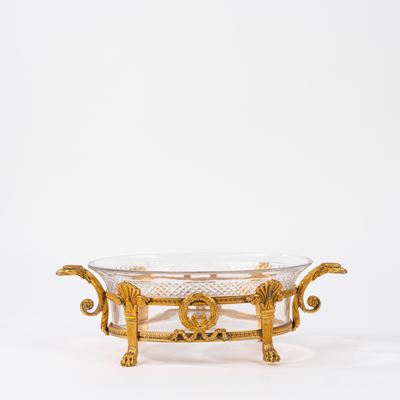 Centrotavola in cristallo e bronzo dorato, cm 10,5 x 33 x 17