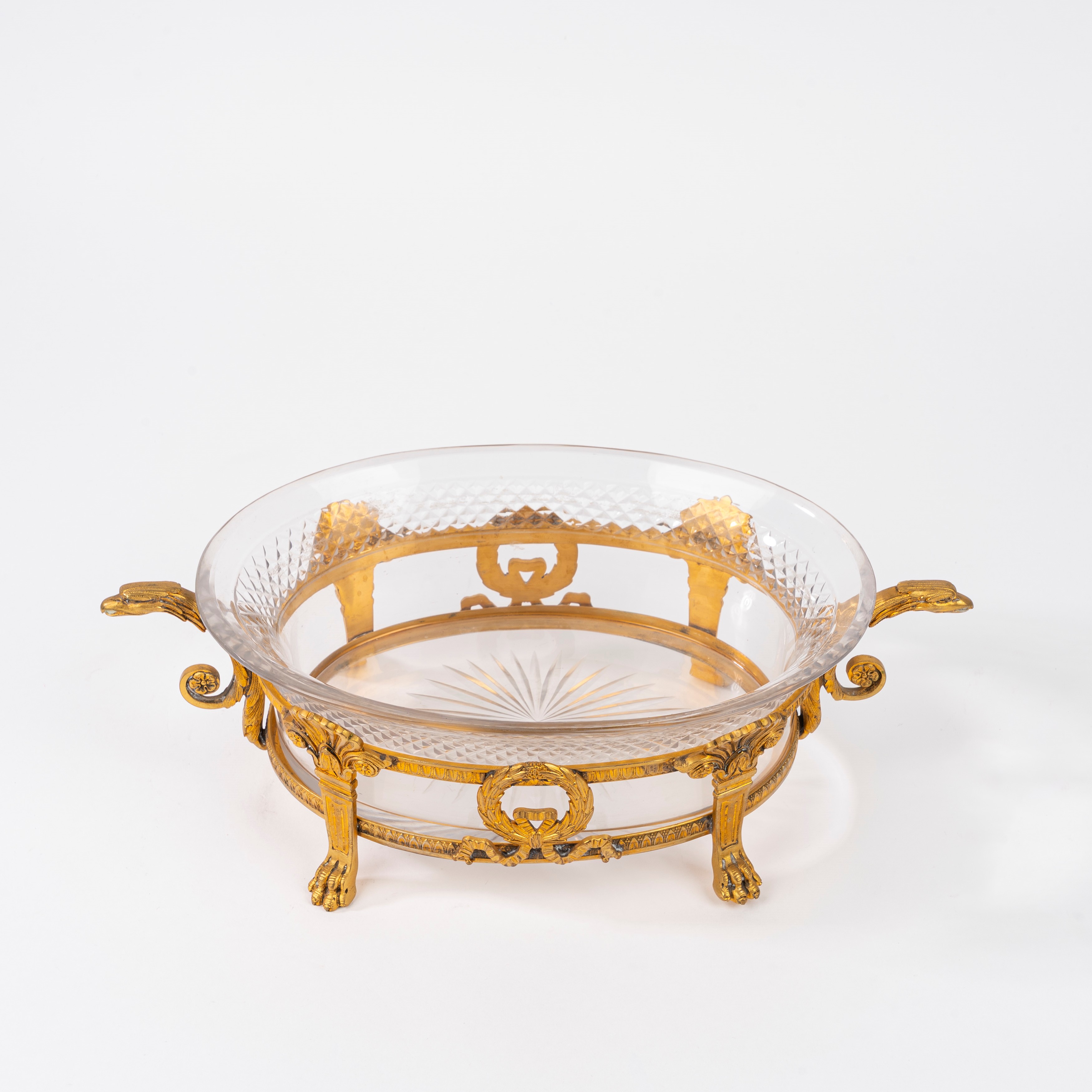 Centrotavola in cristallo e bronzo dorato, cm 10,5 x 33 x 17
