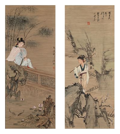 Dipinti su bambù, figura femminile in contemplazione con iscrizione calligrafica, Cina XX secolo