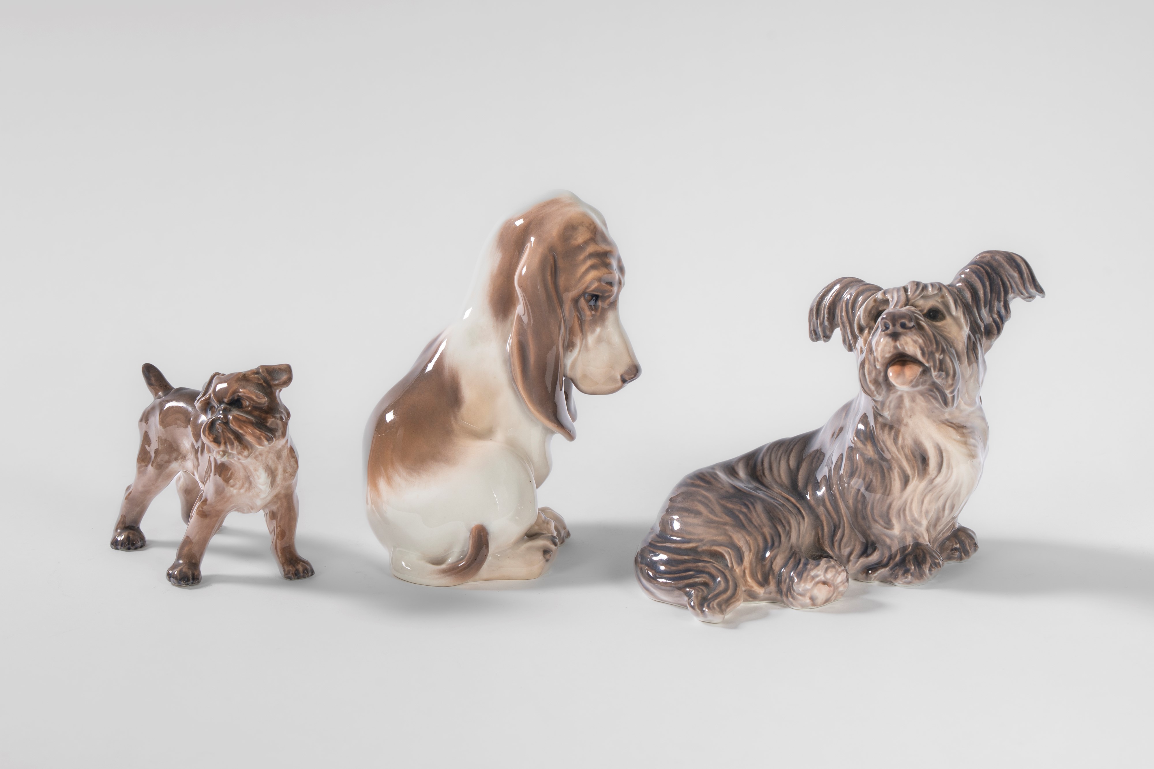 Dahl Jensen, Un bassotto, uno Skye Terrier e un Grifone di Bruxelles in porcellana policroma, sec...
