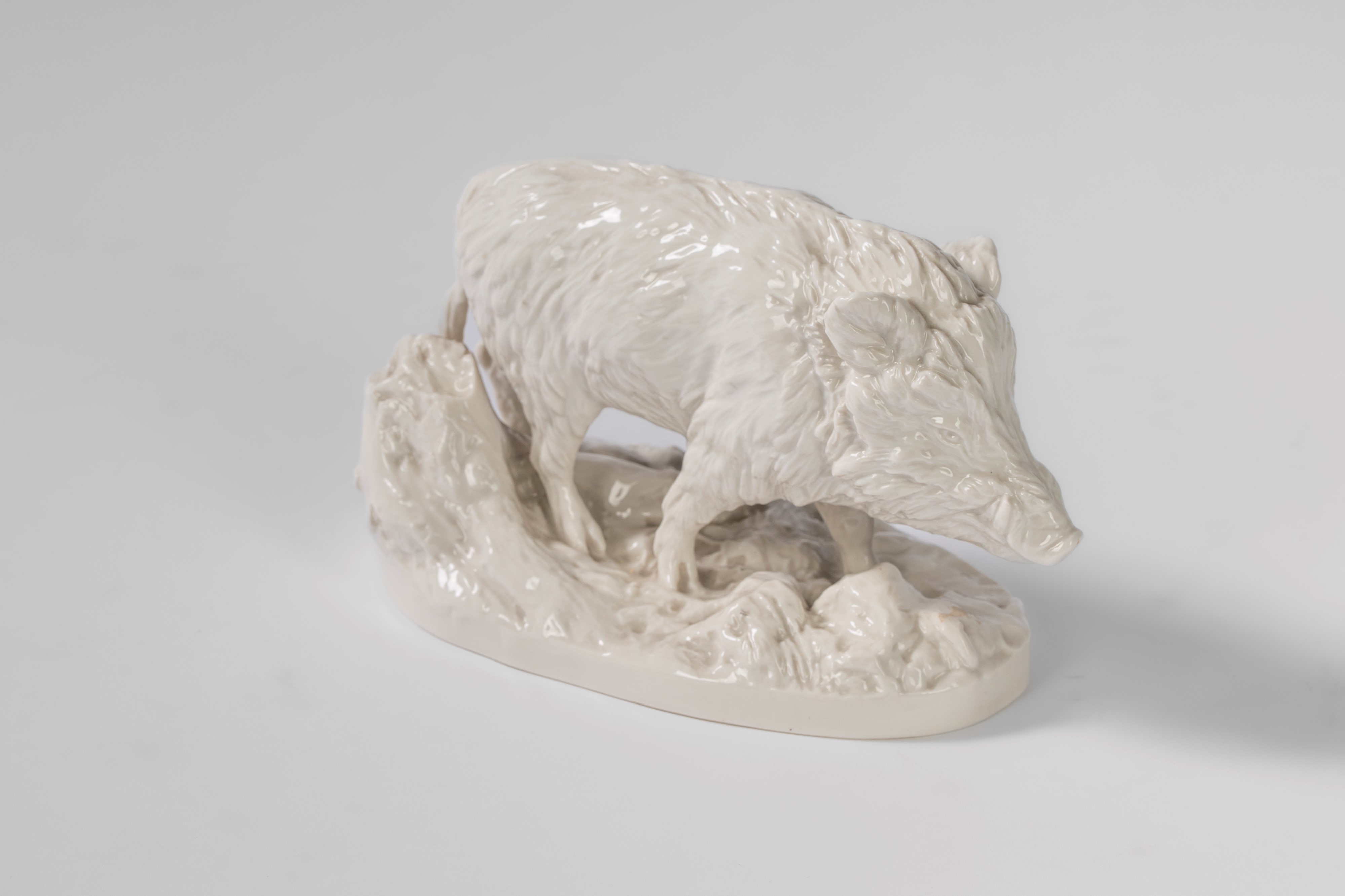 Cinghiale selvatico su base ovale a zolla boschiva in porcellana bianca. Nymphenburg, inizio seco...