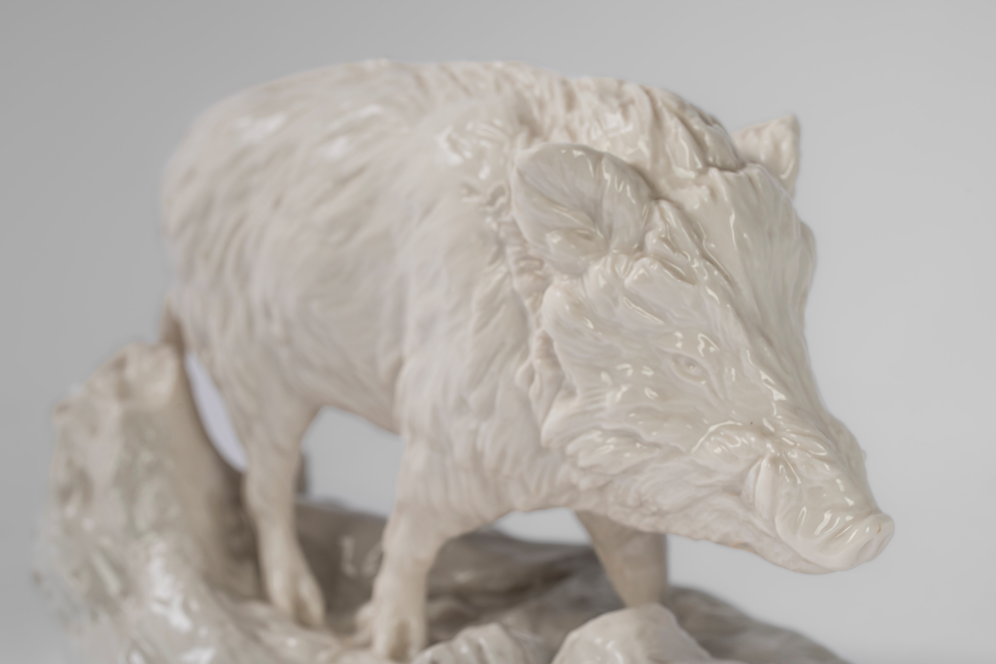 Cinghiale selvatico su base ovale a zolla boschiva in porcellana bianca. Nymphenburg, inizio seco...