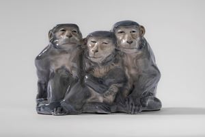Monkey Trio polychrome porcelain group. Knud Kyhn (Denmark 1880&ndash;1969) for Royal Copenhagen, first half of the 20th century.