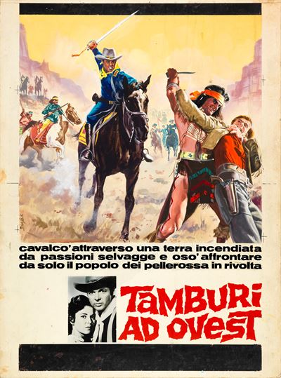Bozzetto per la locandina di 'Tamburi ad ovest', tempera e collage su cartone