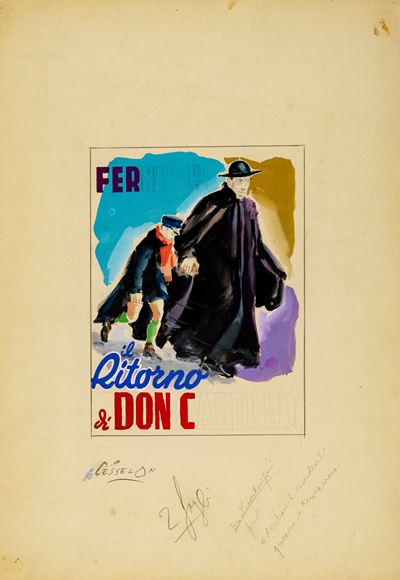 Bozzetto per 'Il ritorno di don Camillo', tempera su cartoncino