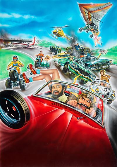Bozzetto originale per locandina del film 'La corsa più pazza del mondo 2', tempera su cartone, 1...