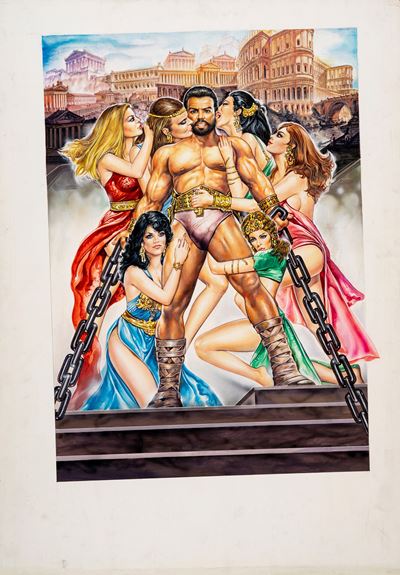 Bozzetto per locandina di film: 'Le fatiche erotiche di Hercules', tempera e collage su cartone