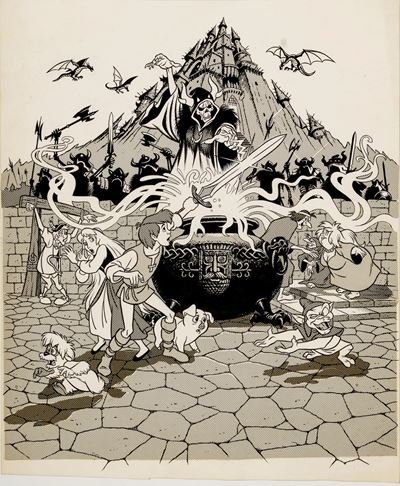 Bozzetto per la locandina ufficiale di 'Taron e la pentola magica' (1985), matita, china e retino...