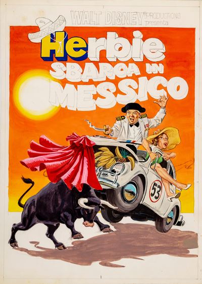 Bozzetto per 'Herbie sbarca in Messico', tempera su cartoncino