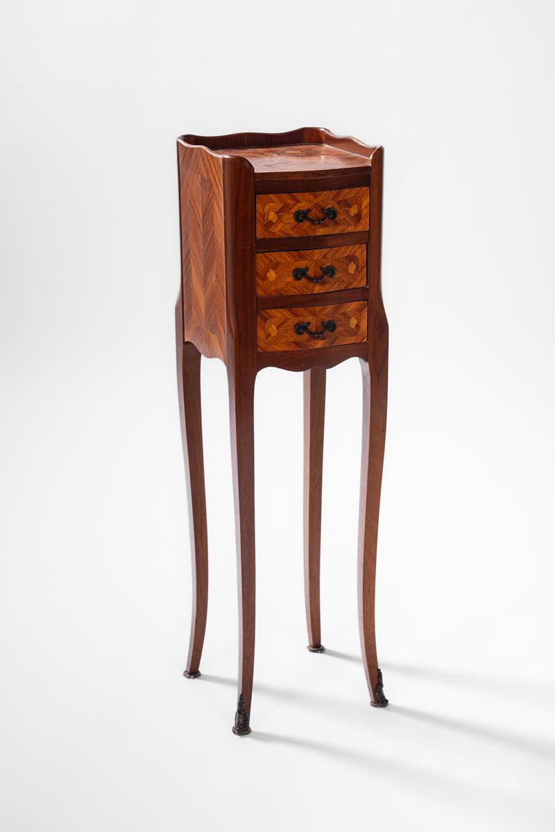 Comodino in miniatura in stile settecentesco lastronato e intarsiato