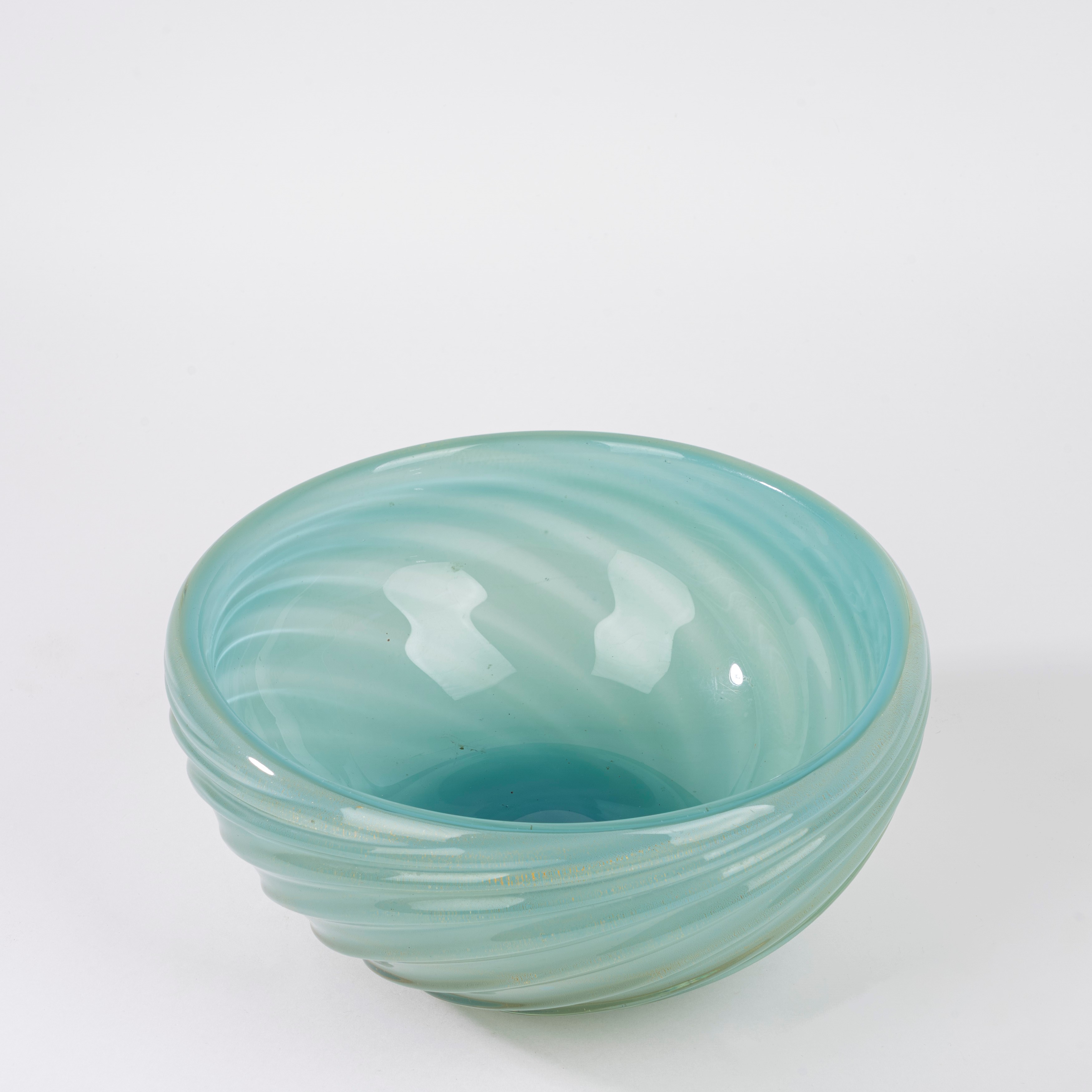 Centrotavola in vetro costolato turchese con avventurina, Murano