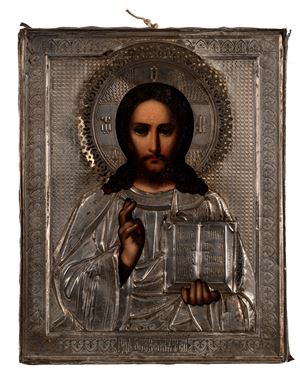 Icona con Cristo Pantocratore e riza in argento, Russia 1908-1917