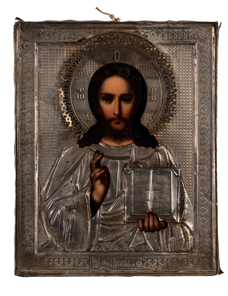 Icona con Cristo Pantocratore e riza in argento, Russia 1908-1917