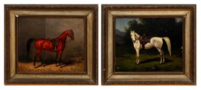 Autore sconosciuto, Cavallo bianco e Cavallo bruno, coppia di oli su tavola
