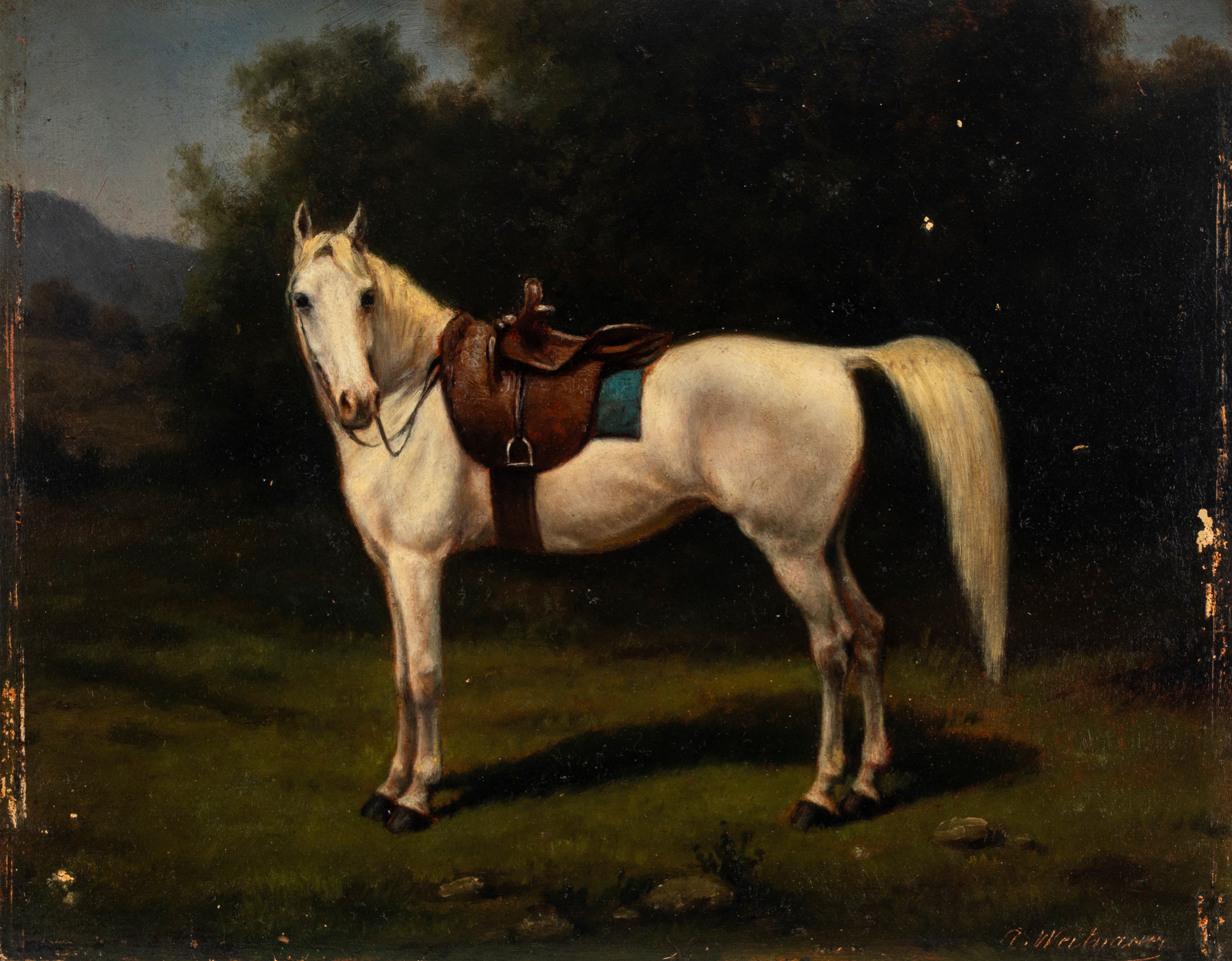 Scuola del Secolo XIX - Autore sconosciuto, Cavallo bianco e Cavallo bruno, coppia di oli su tavo...
