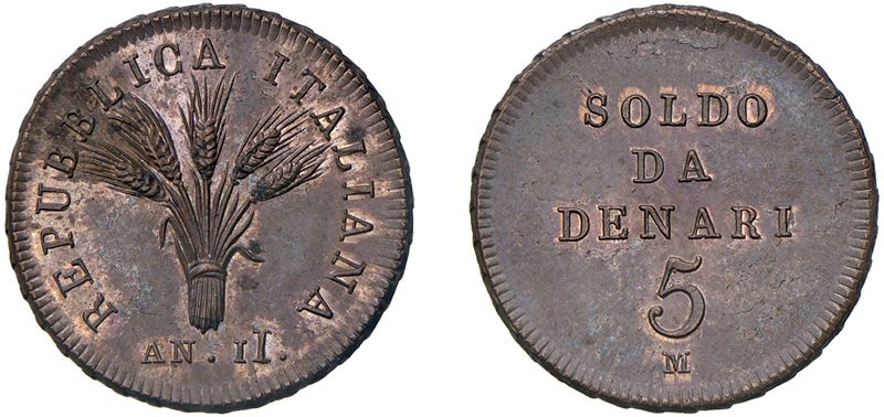 Primo progetto (1802-1805) - Progetto del Soldo da Denari 5, anno II, 1803, Milano.
