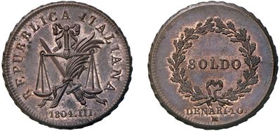 Progetto del Soldo da Denari 10, anno III, 1804, Milano, in stagno ramato