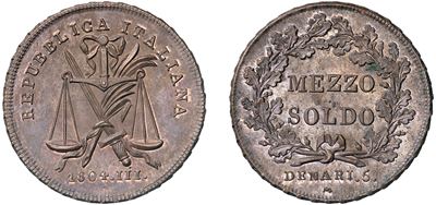 Progetto del Mezzo Soldo da Denari 5, anno III, 1804, Milano - in stagno ramato
