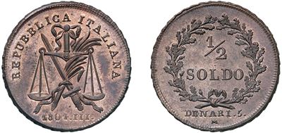 Progetto del Mezzo Soldo da Denari 5, anno III, 1804 - Secondo progetto (1802 - 1805), in stagno ...