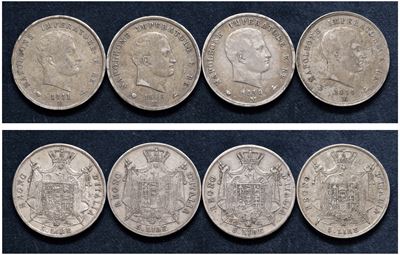Napoleone I, Lotto di 4 esemplari da 5 lire, II tipo (1808, 1810, 1811, 1814), argento, Milano