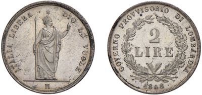Progetto 2 Lire 1848, Milano, in stagno, 6,88 g, Diam. 27,50 mm