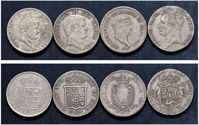 Lotto di 4 piastre da 120 grana (1808, 1818, 1832, 1852), argento