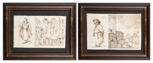 Due disegni con vedute di Venezia e studi di personaggi