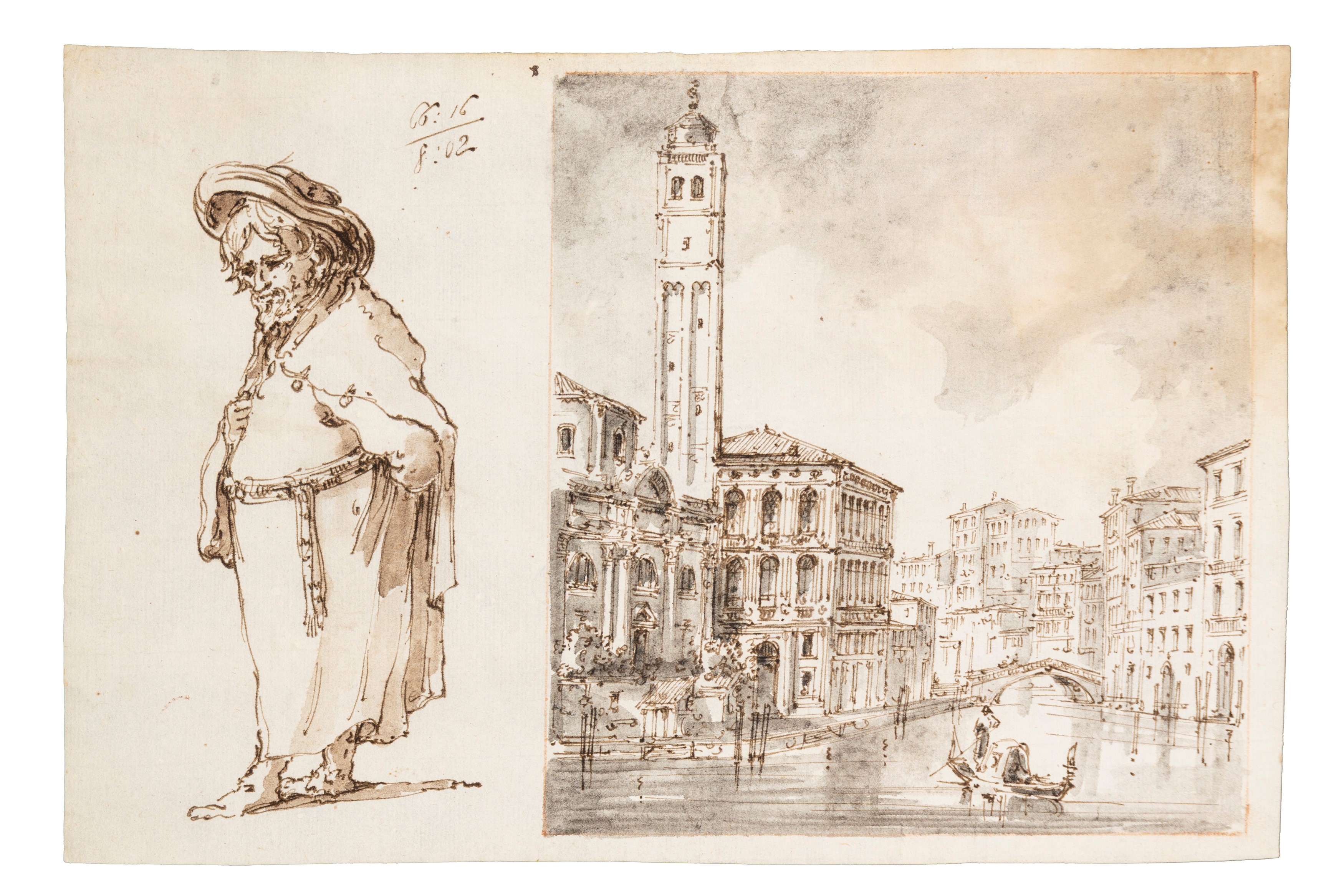 Due vedute di Venezia e studi di personaggi