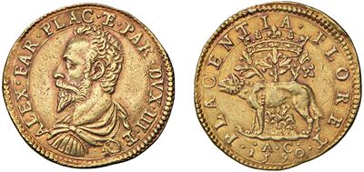 ALESSANDRO FARNESE, Quadrupla 1590 in oro, 13,10 gr, Diam. 30,50 mm