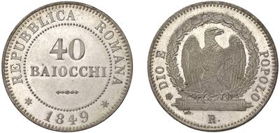 Moneta, 40 Baiocchi 1849, Roma, mistura, 19,87 gr., Diam. 34,80 mm.