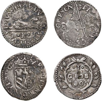 Monete antiche, Lotto di due monete in argento: Armellino di Guidobaldo II della Rovere e Grosso ...