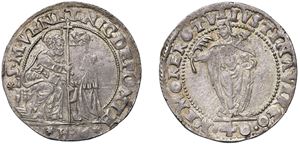 NICOLO' DA PONTE, Doge LXXXVII (1578 - 1585) &ndash; Two lire with S. Giustina, initials HM, Venice.