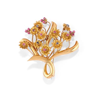 Spilla con fiori in oro giallo 18k, zaffiri e rubini