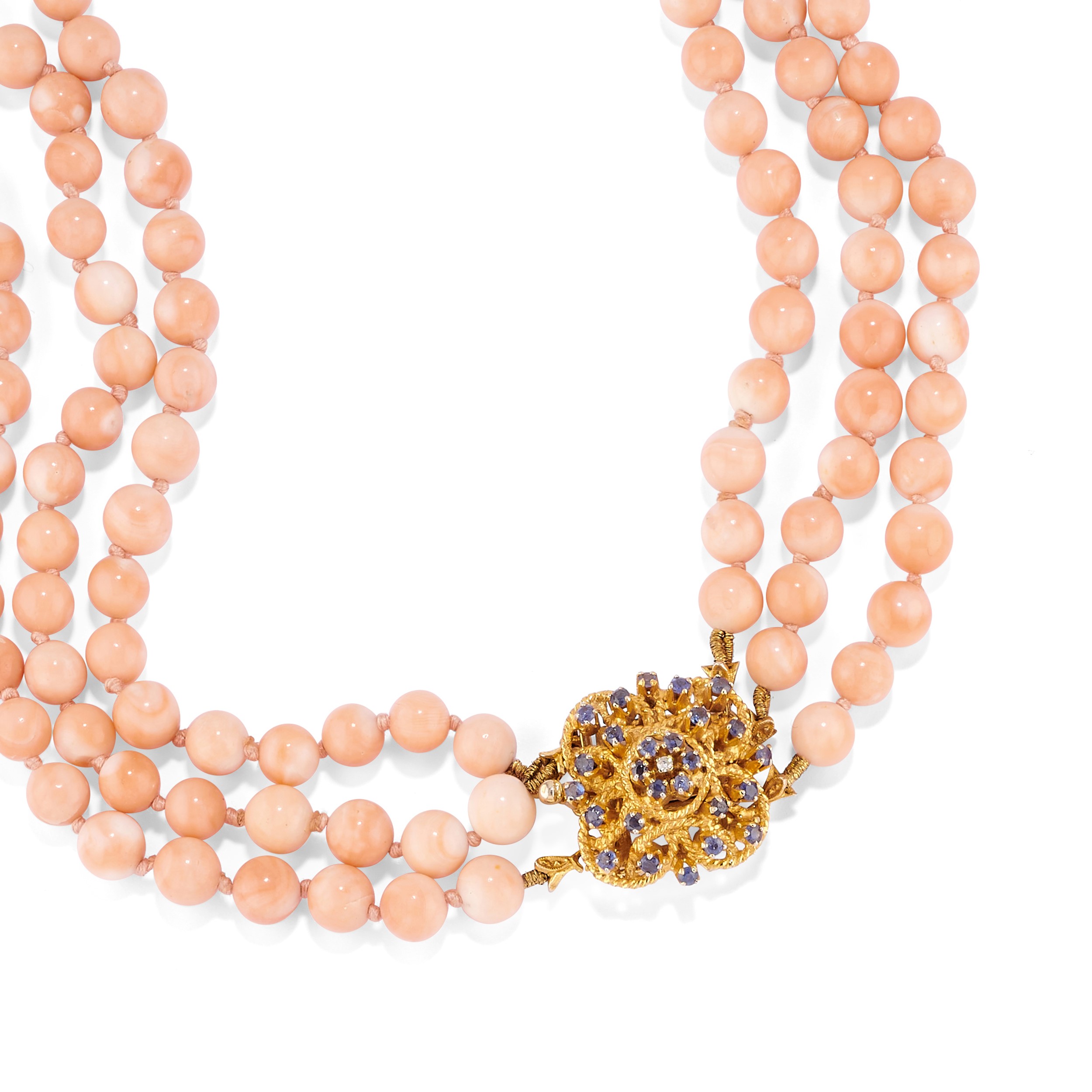 Due collane in oro giallo 18k con corallo e diamanti