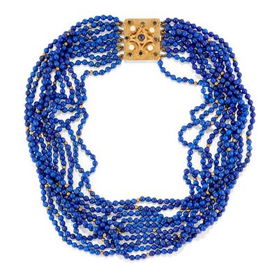 Collana in oro giallo 18k con lapislazzuli e perle