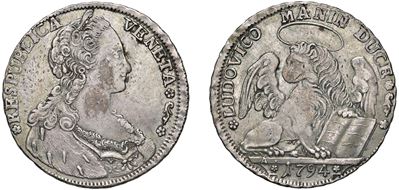 LUDOVICO MANIN, Tallero per il Levante 1794, argento, diam. 39,50 mm, 28,53 gr.