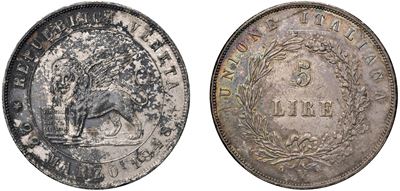 Moneta da 5 lire, I tipo, argento, Venezia, 1848